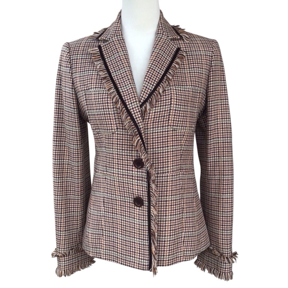 Adec2 by Phillipe Wool Houndstooth Fringe Trim Blazer